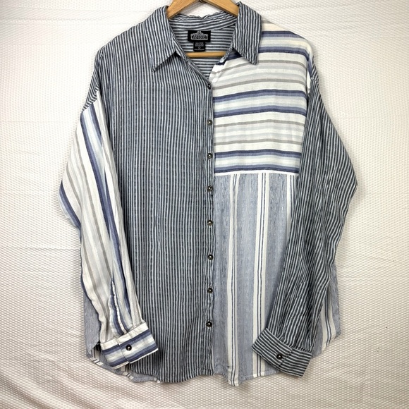 Angie Tops - Angie Blue and White Casual Button Down Shirt Size Large